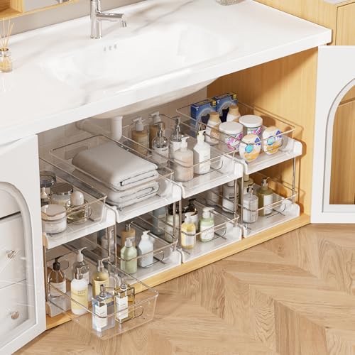 Vtopmart 4 Pack Bathroom Organizer, 2 Tier White Under Sink Organizers Vanity Countertop Storage Container,Cabinet Drawers Bins, Pull-Out Organization with Track for Pantry, Kitchen - color: White, size: S-Standard (4 Pack)