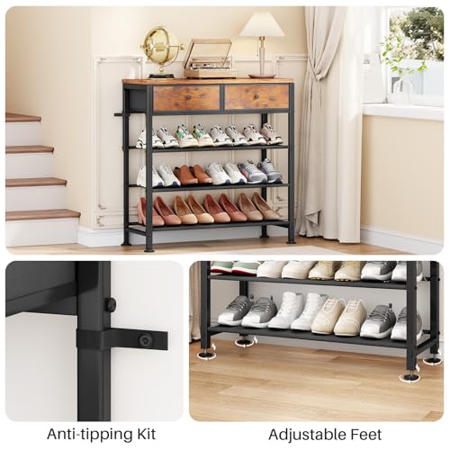 Kitstorack Shoe Rack, 4 Tier Shoe Organizer for 9-12 Pairs of Shoes, with 2 Drawers, 3 Fabric Shelves and Wooden Top, Shoe Rack for Closet Entryway, Rustic Brown