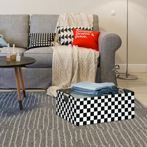 Checkered Storage Basket Foldable Nursey Box | 16.9" Storage Cube for Women Closet Organizer Boys Car Toys Bins with Handles | Sturdy Cardboard & Washable Fabric 2Pack - color: Racing Flag
