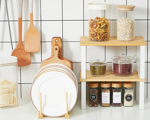 Marsui 4 Pcs Kitchen Organizer Accessories Set Cabinet Organizer Shelf and Bamboo Dish Drying Plate Rack Counter Shelves Storage Holder for Spice Rack, Dish, Pot Lid, Bowl, Cup(Wooden Color) - color: Wooden Color