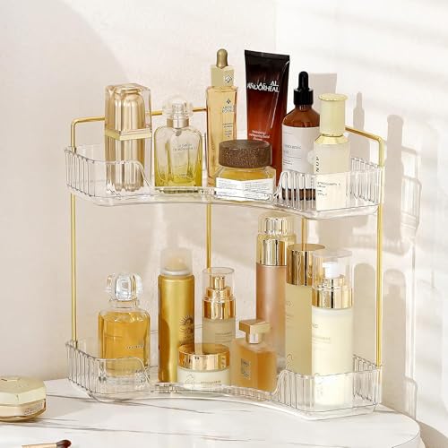 INVSSENE Corner Bathroom Countertop Organizer, Vanity Trays for Counter, Makeup Organizers, Perfume Tray, Kitchen Spice Rack, (Clear, 2 Tiers) - color: Clear, size: 13.6" x 10" x 15.1"