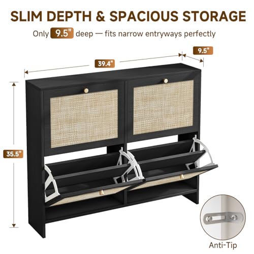 Nicetree Shoe Cabinet Storage for Entryway, 4-Flip Drawer Narrow Shoe Rack with Adjustable Shelves, Boho Modern Square Rattan Shoe Organizer, Slim Wood Storage Cabinets for Small Spaces Fits Size 13.5 - color: Black, style: 4 Flip Drawer - Classic Cane