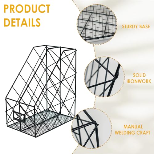 Modern Geometric Metal File Organizer for Desk, 8"×10"×12" Iron Mesh Magazine Holder, Desktop Document Rack Storage for Office Supplies, Vertical Book Stand File Folder Rack (Black) - color: Black