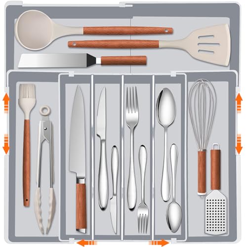 Spaclear Expandable Large Silverware Organizer - BPA-Free Food-Safe Kitchen Utensil Drawer Organizer, Adjustable 4-7 Deeper Slots Cutlery Tray for Forks Knives, Kitchen Organizers and Storage Solution - color: Grey