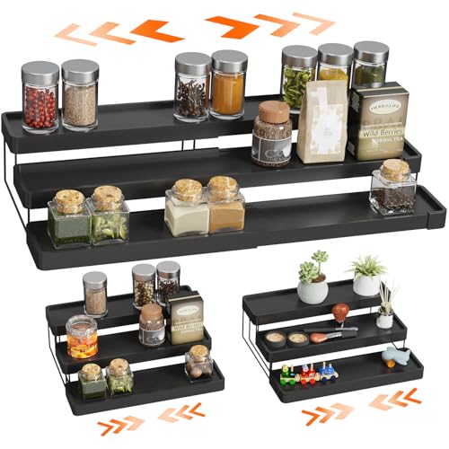 Expandable Spice Rack Organizer - 3 Tier Adjustable Spice Organizer for Cabinet & Countertop - Easy Visibility - Black - color: Black -Fits 9.5'' Deep Cabinet, size: 1 Pack