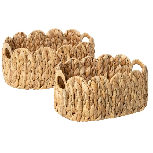 StorageWorks Scalloped Wicker Basket, Woven Baskets for Storage, Rattan Baskets with Handles, Paper Rope Basket for Organizing and Decor, 2 Pack - color: Natural(Water Hyacinth), size: 16¼" L x 11" W x 7" H