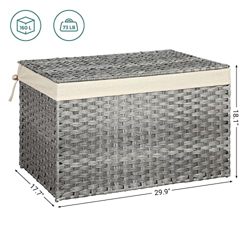 SONGMICS Storage Basket with Lid, Woven Blanket Storage Bin with Handles, Foldable, Removable Liner, Metal Frame, for Bedroom, Laundry Room, 42.3 Gallons (160 L), Gray URST76WG - color: Gray, size: 160 L