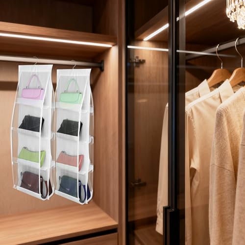 4 Pack Hanging Handbag Purse Organizer for Closet, 8 Pockets Space Saving Purse Storage Organizers Handbag Organizer Holder with Thicken Metal Hooks for Women Wardrobe(White, 41” x 13.8”)