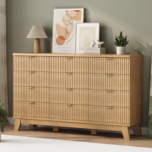 Fluted Dresser for Bedroom with 12 Drawers, 57" Wide Modern Chest of Drawers with Metal Handle, Wooden Dresser TV Stand, Wood Closet Clothes Storage Organizer for Living Room, Hallway, Natural Oak - color: Natural Oak, size: 15.6"D x 57.1"W x 34.7"H (12 D