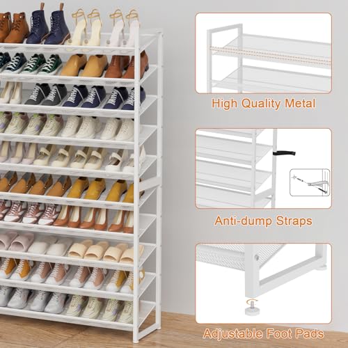 Large Shoe Rack 10 Tier Shoe Organizer, Heavy Duty Metal 5-Tier Stackable Shoe Storage Vertical Shoe Rack for Closet Front Door Entrance, Up to 62 Pairs, 44.8" W x 11.4" D x 71.2" H, White - color: White, size: 10 Tier