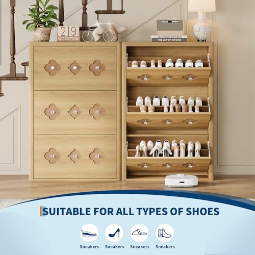 GarveeHome Shoe Storage Cabinet with 3 Flip Drawers, Narrow Wood Shoe Organizer Cabinet with Floral Pattern, Freestanding Slim Shoe Rack Cabinet with Adjustable Shelves, for Entryway, Hallway, Natural - color: Natural Wood Color, size: 3-Drawers