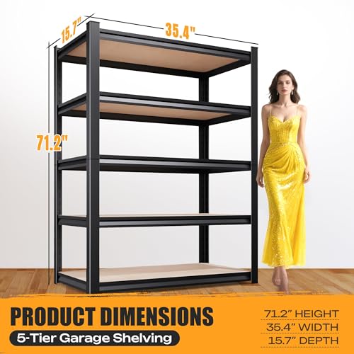 71.2" H Garage Shelving Heavy Duty Storage Shelves, Metal Adjustable Shelving Unit, Utility Garage Organizer Shelf for Basement, Pantry, Kitchen, Warehouse,15.7" Dx35.4 Wx71.2 H Black - size: 5-Wood-15.7"Dx35.4"Wx71.2"H