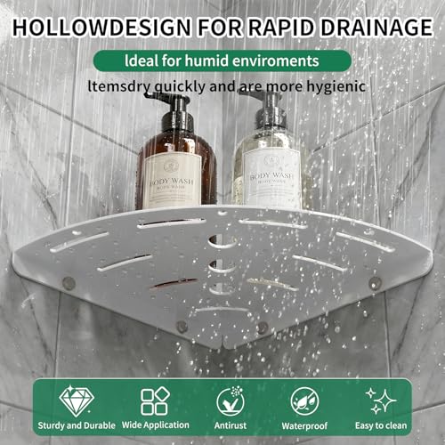 2 Pack Corner Shower Shelves, 304 Stainless Steel Corner Shelf Bathroom with 6 Hooks 40 lbs Heavy Duty, Durable for Inside Shower Brushed Nickel Drilling Installation（White - color: White Thickness 1mm 2pcs