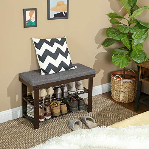 SONGMICS Bamboo Shoe Bench, 3-Tier Shoe Rack Organizer for Entryway, Living Room, Bench Seat Holds Up to 300 lb, 11.9 x 28.3 x 19.2 Inches, Rustic Walnut and Slate Gray ULBS604CG - color: Rustic Walnut + Slate Gray, size: 28.3"W