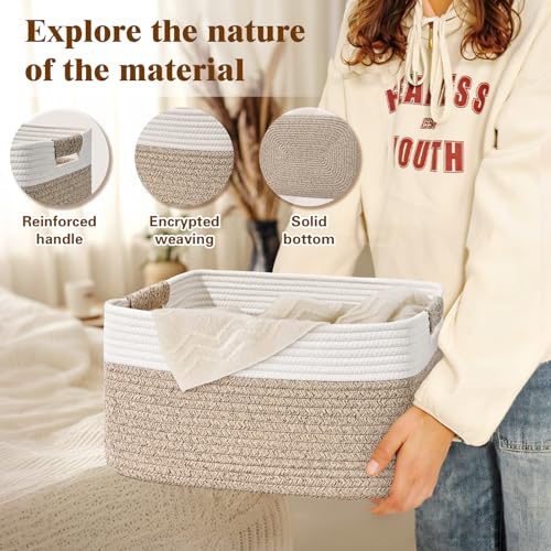 3 Pack Large Storage Basket for Organizing, 17.5"x13"x7" Woven Basket for Shelves, Closet Cube Storage Bins with Wrapped Handle, Cotton Rope Baskets for Kitchen, Clothes, Toys(Off White & Brown) - color: Off White & Brown, size: 3 Pack