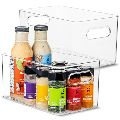 Plastic Food Storage 2 Pack Clear Container Bin with Handles for Organizing Kitchen, Pantry, Refrigerator, Freezer, Pantry, Cabinet, Closet, Bathroom. 10”x6”x5” - size: 10x6x5