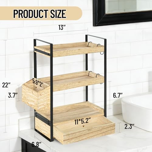 3-Tier Bathroom Counter Organizer with Drawer Basket and Hooks, Wood Bathroom Organizers and Storage for Countertop, Farmhouse Brown Countertop Organizer, Counter Shelf for Vanity, Kitchen,Office - color: Dark Brown