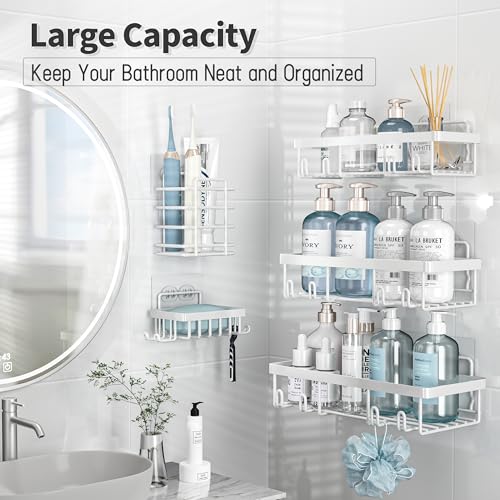 Liuoud 10 Pack Shower Caddy Organizer Rack Shelf for Inside Shower, Self Adhesive Wall Storage Basket Rustproof Stainless Steel Shampoo Holder Bathroom Accessory Decor Set, White - color: White
