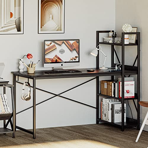 IRONCK Computer Desk 55" with Power Outlet and Storage Shelves, Study Writing Table with USB Ports Charging Station, PC Desk Workstation for Home Office, Black - color: Black, size: 55 inches