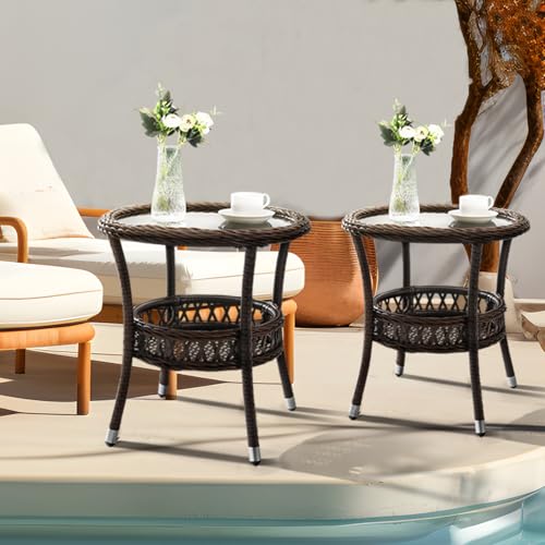 Outdoor Side Table Set of 2 Wicker End Table for Patio Rattan Side Table for Outside Brown Outdoor Patio Coffee Table with Storage & Glass Table Top Round for Backyard Porch - color: Espresso