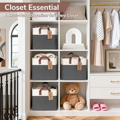 CHICVITA 4 Pack Large Storage Baskets for Shelves, Collapsible Closet Organizer Bins with Handles, Decorative Shelf Baskets for Bedroom Living Room, 16.8" x 11" x 9.8", Gray & White - color: Gray & White, size: 30L (16.8"L x 11"W x 9.8"H)