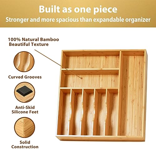 Umilife Large Kitchen Drawer Organizer, 19"x19" Silverware Utensils Organizer, 2.5" High for Large Deep Drawers, Bamboo Flatware Holder with Thick Frames, Sturdy Kitchen Organization Tray - size: 19 x 19 inch (8 Slots)