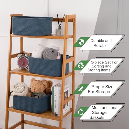 OIAHOMY Cotton Rope Woven Baskets for Storage, Nursery Rectangle Storage Basket with Handles for Shelves, Pack of 3, Blue - color: Blue