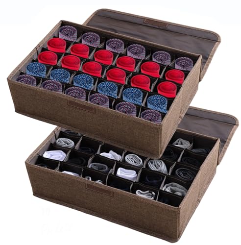 AARAINBOW 2 Packs Underwear Socks Ties Storage Organizer with Lids Foldable Closet Drawer Organizer 60 Cells, Fabric Wardrobe Divider Storage Boxes for Scarves and Lingerie (30 Cell, 2 Coffee) - color: Coffee, size: 2*30 Cells