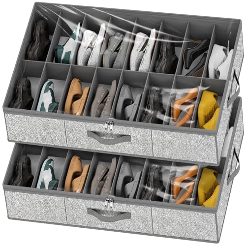 homyfort 32 Pairs Shoe Organizer Under Bed, Underbed Shoe Storage Boxes Bins, Organizador De Zapatos, Extra Large Zapateras Organizer, Grey, Set of 2 - color: Grey, style: 32 Pairs Shoes