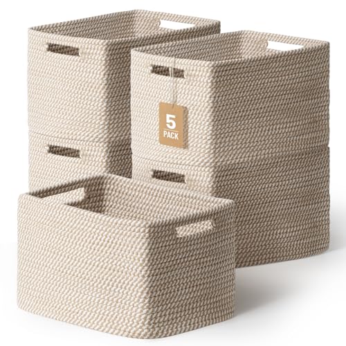 5 Pack Woven Storage Baskets for Shelves, Decorative Basket Organizer Storage Bins for Toys, Books, Clothes, Closet, Nursery, Bathroom – Cotton Rope Shelf Baskets for Organizing and Decor, Khaki - color: Khaki