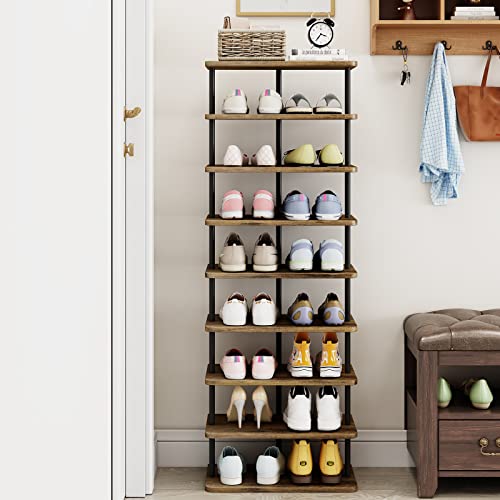 AZERPIAN Shoe Rack 9 Tier Vertical Storage Organizer Double Row Narrow Metal Slim Shelf Modern Free Standing Shoe Tower Saving Space for Closet Entryway Bedroom,Black+Rustic Brown - color: Black+rustic Brown, size: 9 Tier-Double Row