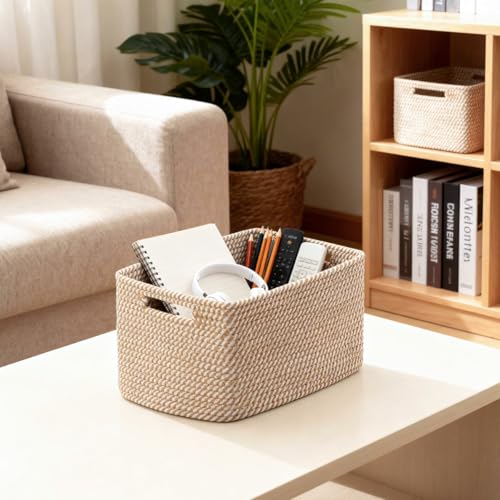 5 Pack Woven Storage Baskets for Shelves, Decorative Basket Organizer Storage Bins for Toys, Books, Clothes, Closet, Nursery, Bathroom – Cotton Rope Shelf Baskets for Organizing and Decor, Khaki - color: Khaki