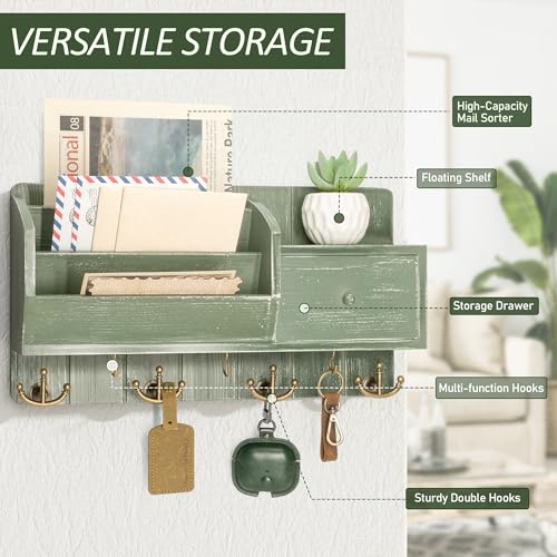 Rebee Vision Farmhouse Key Holder Wall Mount with Mail Sorter - Stylish Mail Organizer with Key Hooks and Drawer Organizer for Home Decor - Rustic Apartment Essentials for Home Improvement (Green) - color: Green