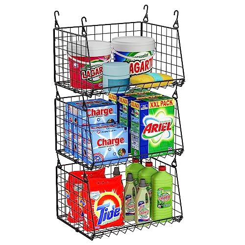 3-Pack Hanging Laundry Room Organizaton：Foldable Laundry Basket Wire Basket with 360°Rotating Hooks Small Space Organization Over Washer and Dryer Shelves - Hanging Closet Organizer, Black Patent - size: 3-Pack 13.9*11*28.9inch