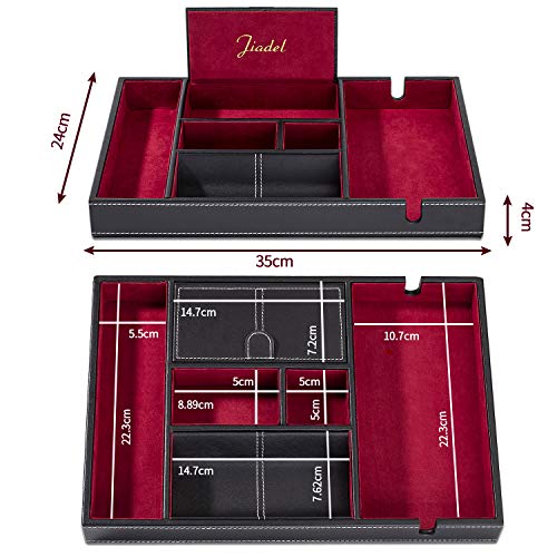Valet Tray | 6 Compartments | Bedroom Organizer with Charging Station | Perfect for Men and Women | Black PU Leather | Decorative Gift Box | RED … - color: Red