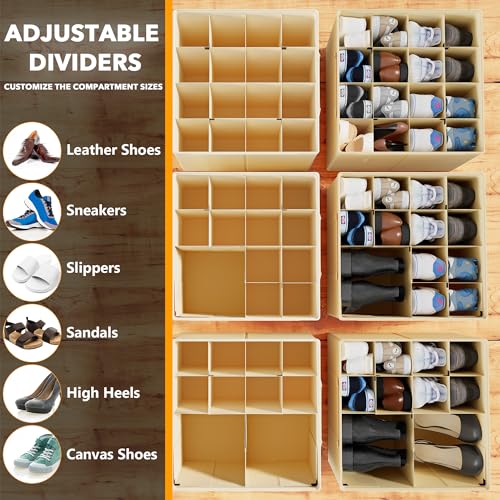 SpaceAid Shoe Organizer for Closet, 2 Pack Foldable Shoe Storage Containers Baskets Boxes Bins w/Adjustable Dividers, Fits 16-32 Pairs, Beige - color: Beige