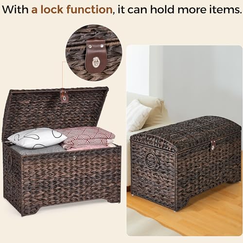 Honjourai Handwoven Storage Basket with Lid, 178L Plastic Rattan Storage Bin, Leather Buckle & Metal Frame, Large Metal Ring Handles, Storage Trunk for Bedroom, Laundry Room - color: Brown PE Rattan, size: 178L-Arched Lid