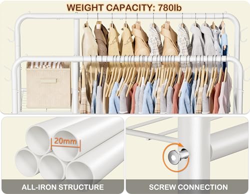 Double Rods Clothes Rack Clothing Rack with 4 Tier Storage Shelves Clothes Rack for Hanging Clothes Multifunctional Heavy Duty Clothes Organizer with Hooks for Bedroom,Wardrobe Closet,Shop,White - color: White