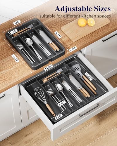 Kitsure Cutlery Drawer Organiser for Kitchen - Adjustable Cutlery Tray for Effortless Utensil Sorting, Versatile Kitchen Storage & Organisation Solution, 12.13" x 1.54" x 8.07"~13.90", Black