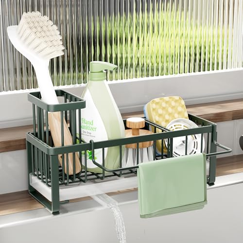 SWTYMIKI Sponge Holder for Kitchen Sink - Sink Caddy with Brush Holder Self-draining Sponge Caddy Organizer with Divider Stainless Steel Kitchen Accessories Storage for Countertop, Green - color: Green