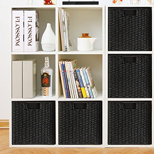 Vagusicc Wicker Basket, Set of 2 Woven Storage Baskets for Shelves, Foldable Cube Storage Basket Bins with Handles, 9 inch Small Storage Baskets for Organizing Pantry Bedroom, Black - color: Black, size: 9'' x 9'' x 9''