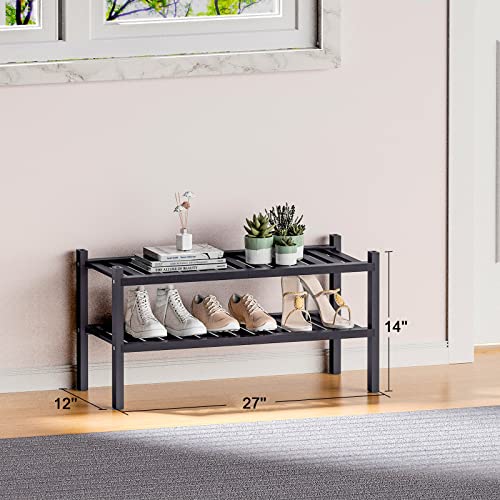 ROMGUAR CRAFT 2 Tier (Thick) Bamboo Shoe Rack for Closet Free Standing Wood Shoe Shelf for Entryway Small Space Stackable 27"x12"x14" (Black) - color: Black, size: 2 Tier(Thick)