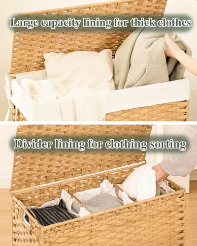 SETVSON Laundry Hamper with Lid Laundry Basket 132 L (35 Gal) Wicker Clothes Hamper, Handwoven Rattan Hamper with Handles and 4 Removable Liner Bags, 6 Mesh Bags for Laundry Bedroom Natural - color: Natural, size: 35.0 Gal