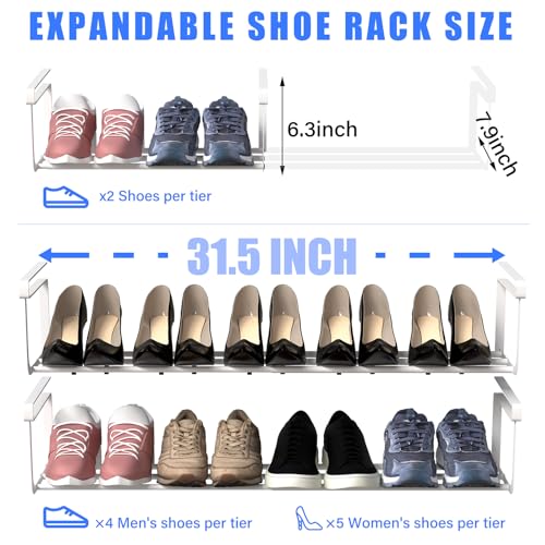 CroBlissful 2 Pcs Expandable Shoe Rack Organizer for Closet 16.5-31.5 Inch Adjustable Retractable Hanging Cabinet Shoe Shelf Dorm Room Storage for Space Saving (White) - color: White