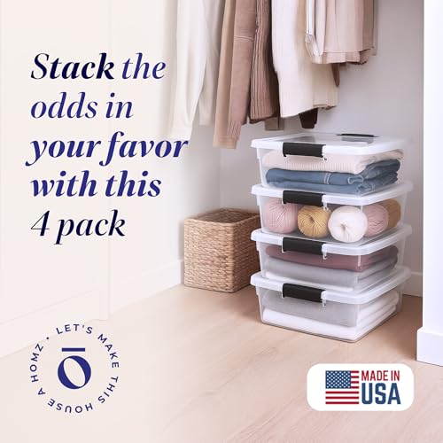 HOMZ 4-Pack 15.5 Quart Latching Lid, Clear Plastic Storage Organizer Bins, Gray – Stackable Containers for Home & Office Shelves, Kitchen, Garage, and Bathroom Organization - color: Gray, size: 15.5 QT (4 Pack)