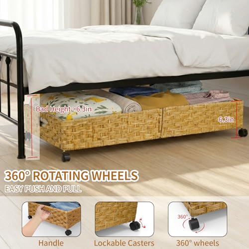 Under Bed Storage Containers with Wheels, 31.5” Large Handwoven Rattan Rolling UnderBed Storage Bins, Tool-free Assembly Natural Under The Bed Organizer Drawers for Bedroom, Sheets Clothes Blankets - style: 2 Pack(A-Natural)