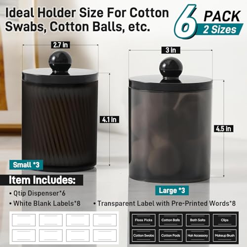 6 Pack Acrylic Qtip Holder Dispenser for Cotton Swabs, Balls, Pads, Floss Picks- Clear Plastic Canister Apothecary Jar Set, Bathroom Essentials Accessories Decor Vanity Makeup Storage Organizer -Black - color: Black, size: 6 Pack