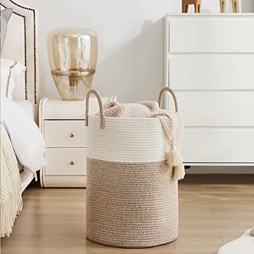 YOUDENOVA Woven Rope Laundry Hamper Basket, 58L Tall Laundry Basket, Baby Nursery Hamper for Blanket Storage in Bedroom-Large-Brown - color: White&Brown, size: Tall (58L )