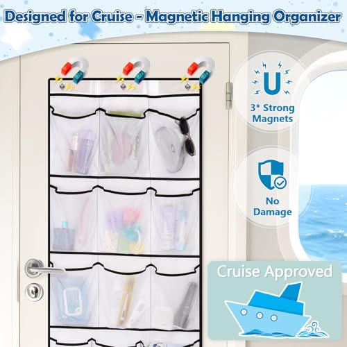 Over The Door Cruise Ship Organizer - Cruise Ship Magnetic Door Organizer with 15 Size-Graded Pockets, Hanging Magnetic Cruise Storage Shoe Rack for Cabin, 2025 Cruise Essential, 9 Hooks(White) - color: white