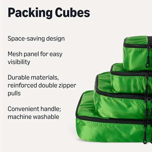 Amazon Essentials 4-Piece Packing Cubes Travel Accessories Set, Luggage Organizer with Double Zipper, Mesh Top, Space-Saving for Suitcases, Small/Medium/Large/Slim, Green (Previously Amazon Basics) - color: Green, size: 1 x Large, 1 x Medium, 1 x Small, 1